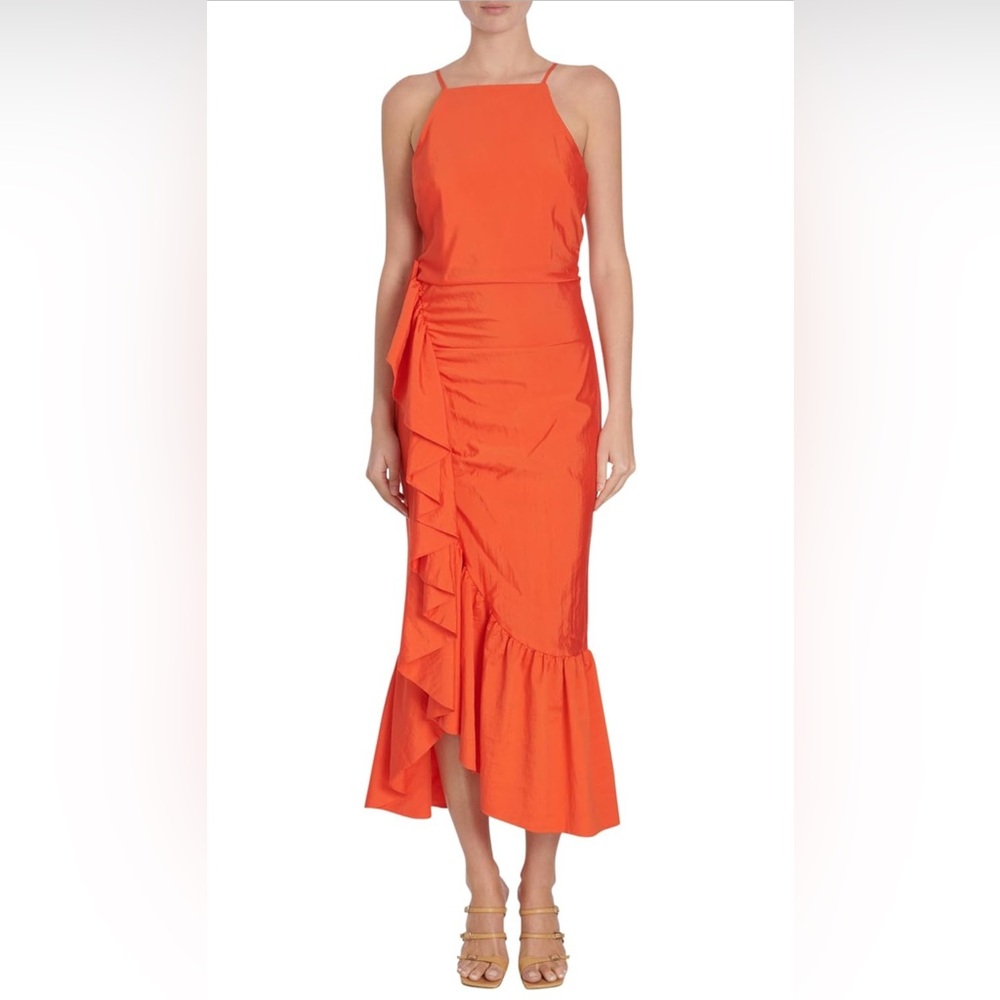 Cinq a Sept Orange/Red Asymmetrical Ruffle Cocktail Dress